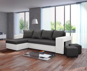 Nawstol Ecksofa TYMON mit Schlaffunktion, L-Form mit Bettkasten, Eckcouch Wohnzimmer, Bettsofa, Universalecke - Farbe grau weißes Kunstleder