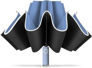Windabweisender Reiseschirm: Kompaktes, umgekehrtes (Invertiertes) Design mit reflektierendem Streifen für Sonnen- und Regenschutz für Frauen und Männer, Blau