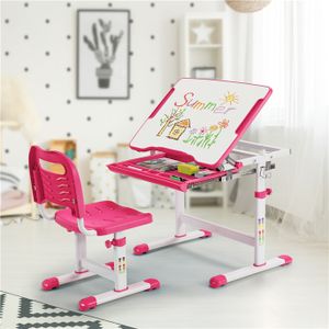 COSTWAY Dětský psací stůl s nastavitelnou výškou, dětský psací stůl a židle s naklápěcí deskou a zásuvkou, multifunkční dětský psací stůl pro chlapce a dívky (růžový)