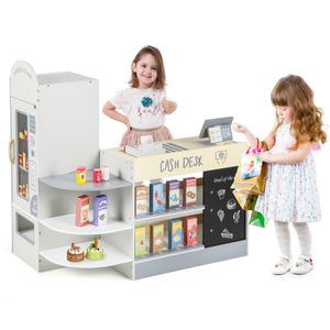 Dětský obchod COSTWAY, sada supermarketu s pokladnou, pokladní automat, dřevěný obchod, pro děti od 3 do 8 let (šedá)