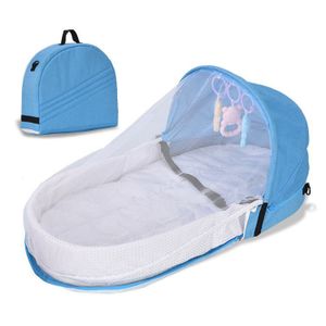 Cestovná detská postieľka, slnečná clona, moskytiéra s prenosnou postieľkou, skladací, priedušný kôš na spanie - farba: modrá - cieľ: Baby