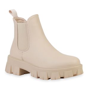 VAN HILL Damen Stiefeletten Plateau Boots Blockabsatz Profil-Sohle Schuhe 836326, Farbe: Beige, Größe: 38