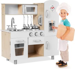 GOPLUS Kinderküche Spielset, Spielküche mit Uhr, Telefon, Wasserspender mit Licht- & Soundeffekt, Kühlschrank, Wasserhahn & Spüle, Kinderküche, weiß