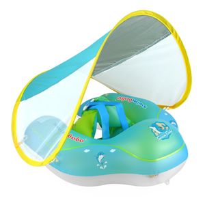Baby Schwimmring mit Sonnenschutz Aufblasbarer Schwimmring mit Sicherheitsgurt Baby Pool Schwimmring Anti-Rollover Schwimmsitz für Babys S(3-12 Monate) Blau
