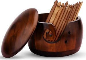 Wollschale, Garnschale mit Deckel, Holz Handgemachte Garnschale, mit 12 Stück Bambus Häkel Nadeln