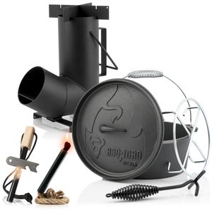 CampFeuer 6-teiliges Survival Set mit Dutch Oven, Feuerstahl, Zunder und Raketenofen