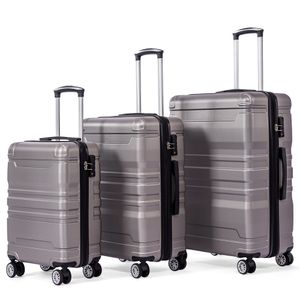 3ks pevný kufr Cestovní kufr Set Trolley s TSA zámkem a dvojitými koly, 4 kola ABS hard shell teleskopická rukojeť M-L-XL (šedá)