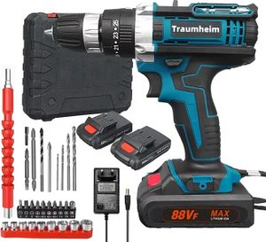 21V-Elektrobohrer-Set mit 2 1500-mAh-Akkus und einem Ladegerät, 2 Geschwindigkeiten, 3-in-1-Arbeitsmodus, 28 Zubehörteile, geeignet für Hofrenovierung