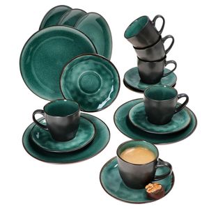 18tlg. Kaffeeservice Reactive Glaze Green Steingut Kuchen-Teller Tasse Mint-Grün