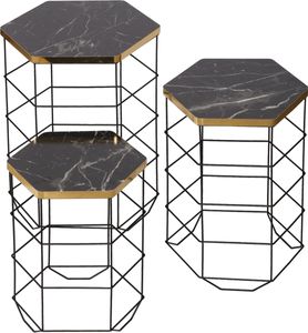 Naturn Living™ Metall Beistelltisch Marmor - Beistelltisch 3er Set - Drahtkorb Beistelltische - Tischplatte Marmoroptik - Drahtkörbe - Schwarz