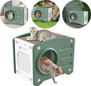 XMTECH Katzenhaus  PP Katzenhütte, Katzenhöhle Katzenschlafplatz mit Kratzbrett Katzen Haus 55 x 40 x 46 cm, 90KG Tragfähigkeit (Grün)