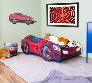 Alcube® Autobett 70x140 mit LED-Beleuchtung I PKW Spider CAR mit Wandregal mit Matratze und Lattenrost I Kinderbett 70x140 - Rot
