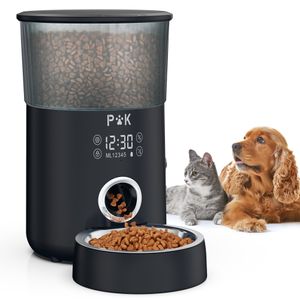 p&k 4L Automatischer Futterautomat Touch Futterspender für Katzen und Hunde, 1-5 Mahlzeiten pro Tag, Netzteil / Batterie, Schwarz