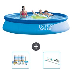 Intex runder aufblasbarer Easy Set-Pool – 396 x 84 cm – Blau – im Lieferumfang enthalten Wartungspaket - Staubsauger