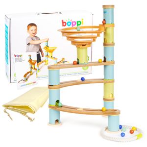 boppi Marmorbahn Umweltfreundliches 48-teiliges Holz-Bambus-Labyrinth für Kinder mit 12 Murmeln – Konstruktionsspielzeug für Jungen und Mädchen ab 3 Jahren – Starterpaket