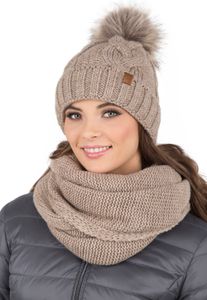 Vivisence damen bommelmütze und schal set warm kopfbedeckung und halsbedeckung an winter und herbst warm dick, wintermütze mit bommel, winterset für frauen, hergestellt in der eu, beige, einheitsgröße