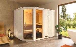 Elementsauna Weka Varberg 4 ohne Ofen mit Fenster und graphitfarbeneer Ganzglastüre Elementsauna Weka Varberg 4 ohne Ofen mit Fenster und graphitfarbeneer Ganzglastüre