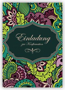 4x Elegante grüne Einladungskarte für Konfirmanden mit Blütenmuster: Einladung zur Konfirmation
