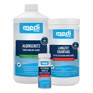 mediPOOL Wasserpflege Chlor Algen - inkl. Wassertester, Algenschutz, Langzeit-Chlor Tabs