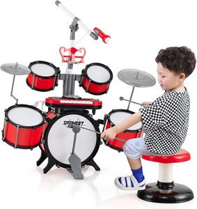 GOPLUS Kinder Elektronische Schlagzeugset, Jazz-Schlagzeug mit Mikrofon, Percußion-Bücherregal, Trommelstöcke, Trommeln, Becken, Musikinstrument für Kinder ab 3 Jahre