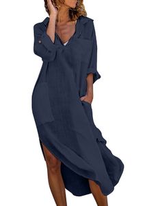 ASKSA Damen Elegant Kleider Einfarbig Lang Hemdkleid Midi Tunika Sommerkleider mit Taschen, Dunkelblau, 2XL