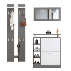 Abrihome Garderoben-Set, Schuhschrank 80 x 25 x 96.5 cm, inkl. Spiegel, 2 Wandpaneelen und einer Regalwand, Flurgarderobe, Grau