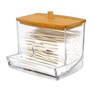 Baumwoll-Tupferschachtel mit Bambusdeckel transparenter Plastik-Mehrzweck-Zahnstocher Obstgabeln Aufbewahrungsspender Täglich