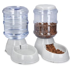 Navaris Wasserspender & Futterspender für Katze und Hund - 2x 3,8 L Groß - Automatischer Trockenfutter Spender für Katzen und Hunde in Grau