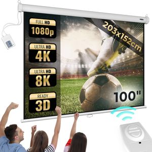 Jago® Leinwand Beamer - 1:1, 4:3, 16:9, HD 4K 3D, Rollo, Elektrisch, mit Fernbedienung - Beamerleinwand, Projector Screen, Motorleinwand (203x152 cm)
