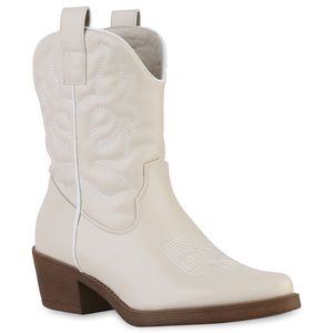 VAN HILL Damen Stiefeletten Cowboy Boots Stickereien Schuhe 840203, Farbe: Beige, Größe: 38