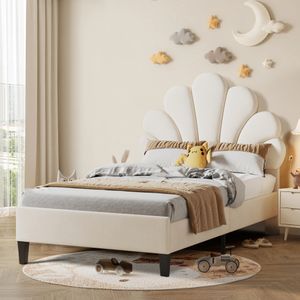 Čalouněná postel Fortuna-Lai Jednolůžko 90 x 200 cm - s čelem ve tvaru květu, lamelový rám, samet - pro dospělé a děti - béžová barva