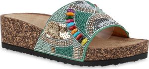 VAN HILL Damen Pantoletten Sandaletten Strass Zierperlen Pailletten Schuhe 840992, Farbe: Grün, Größe: 40