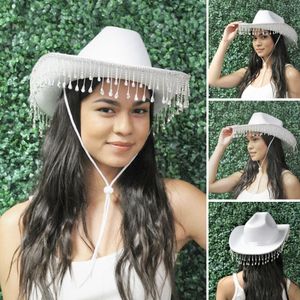 Cowgirl-Hut, atmungsaktiv, angenehm zu tragen, Weiß, Kostüm, Sonnenschutz, Vintage-Stil, tragbar, mit mehreren Quasten, glänzenden Strasssteinen, Damen-Sonnenhut für den Außenbereich