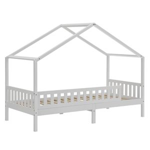 Juskys Kinderbett Yuki 90x200 cm mit Rausfallschutz, Bettkasten & Lattenrost – Holz Bett für Kinder weiß mit Dach – Hausbett für Jungen & Mädchen