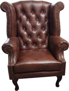 Fotel skrzydłowy Chesterfield skórzany fotel jednoosobowy leżanka brązowy nowoczesny