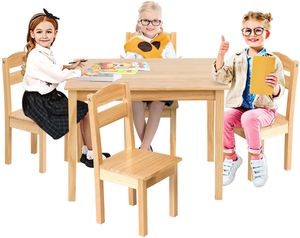 GOPLUS 5 TLG. Kindersitzgruppe, Kindertisch mit 4 Stühlen, Kindersitzgruppe Kiefer, Kinderstuhl & Tisch Holz, Sitzgruppe für Kinder, Sitzgruppe Kinderzimmer, Vorschüler Kindermöbel (Modell 1)