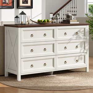 MODFU Sideboard, Kommode, Aufbewahrungsschrank , mit Aluminium-Schubladengriffen,Küchenschrank mit  6  Schubladen ,Weiß+ Walnussholzfarbe