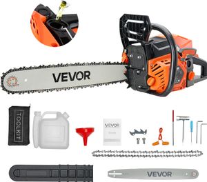 Pilarka spalinowa VEVOR 62cc, piła łańcuchowa 508 mm, pilarka o mocy 3,6 KM z uchwytem antypoślizgowym, dwoma zbiornikami paliwa i funkcją zatrzymania awaryjnego, maks. 11800 obr