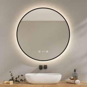 EMKE Badspiegel Rund LED Spiegel mit Beleuchtun ф80cm Schwarzer Rund Badezimmerspiegel mit Beschlagfrei, Uhr, Temperatur, Dimmbar, Memory-Funktion - Neutrale Lichts 4300K