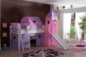 Relita - Halbhohes Spielbett Kim mit Rutsche, Turm, Tasche und Tunnel, Buche massiv weiß lackiert, mit Stoffset purple/rosa