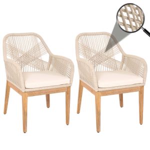 2er-Set Gartenstuhl MCW-H56b, Sessel Outdoor Stuhl, wetterfest Seilgeflecht Rope Holz Akazie  beige Kissen creme-weiß