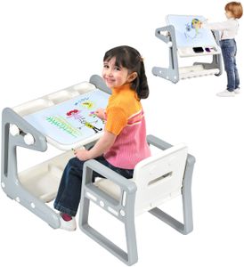 COSTWAY 2 in 1 Magnetische Maltafel und Zeichentisch mit Hocker, Kinderschreibtisch mit höhen- und neigungsverstellbarer Tischplatte, Kindersitzgruppe mit Stauraum für Kinder von 3-12 Jahren
