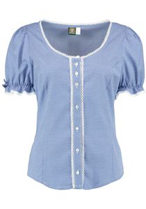 OS Trachten Damen Bluse Kurzarm Trachtenbluse mit Rundhalsausschnitt Mikun, Größe:48, Farbe:mittelblau
