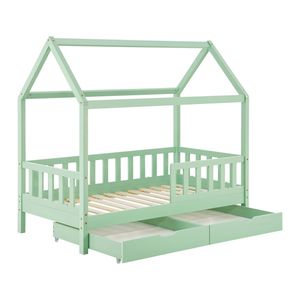 Juskys Kinderbett Marli 80 x 160 cm - Bettkasten, Gitter, Lattenrost & Dach - Holz Mint