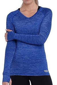 TCA Damen Elle Langarm V-Ausschnitt Laufshirt, Sportshirt und Trainingsshirt - Blau, L