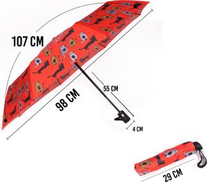Biggdesign Cats Mini Regenschirm, Automatischer Taschenschirm mit Hülle, kleiner und kompakter Schirm für Damen, komfortabler Griff, winddicht, leicht, faltbar, rot