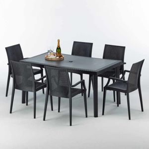 Poly Rattan Tisch Rechteckig mit 6 Bunten Polyrattan Stühlen 150x90 Schwarz