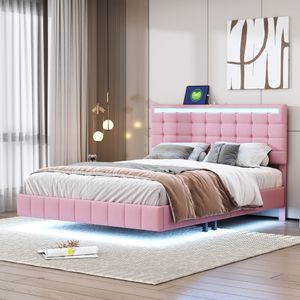 Flieks Polsterbett 140x200cm mit 2 USB, Doppelbett mit Lattenrost, Jugendbett mit LED, Holzbett mit Schwebebettrahmen, Leinen, Rosa