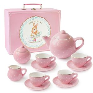 Jewelkeeper - Porzellan Teeservice für kleine Mädchen, Kindergeschirr Spielküche, 13-teilig - Rosa Polka Tupfen Design