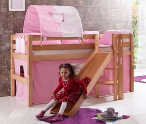 Hochbett ELIYAS Kinderbett mit Rutsche Spielbett Bett Natur Stoffset Rosa/Weiß, Matratze:mit